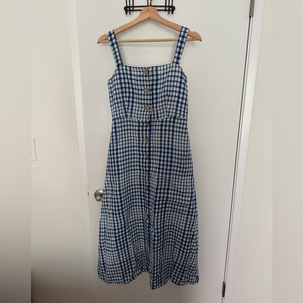 Mango Blue and White Plaid Linen Maxi Dress